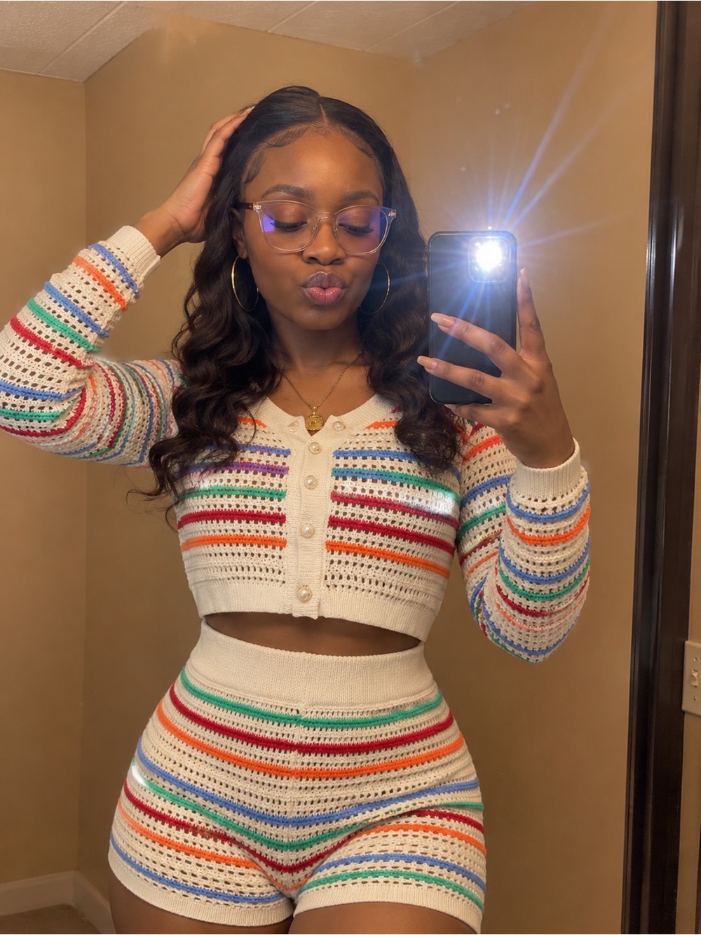 Women’s Cropped Knit Cardigan - Cream Multicolor Stripes
